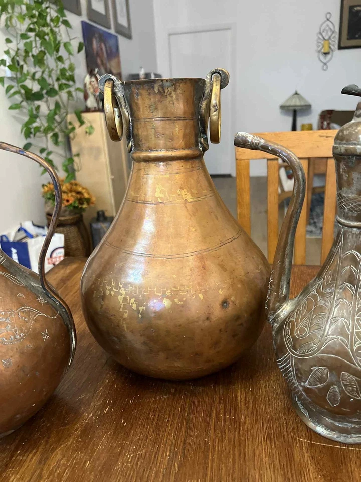 Lot of 4 Antique Middle Eastern Copper & Brass Ewers Water Pot Hand Engraved - Image 4 of 4