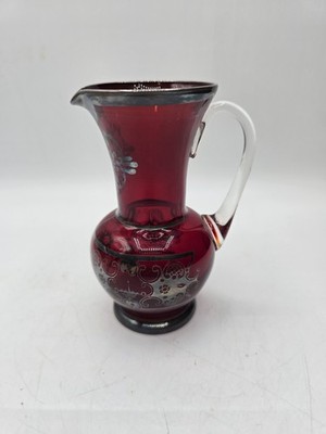 Vintage Ruby Red Glass Mini Pitcher With Intricate Silver Overlay Pattern