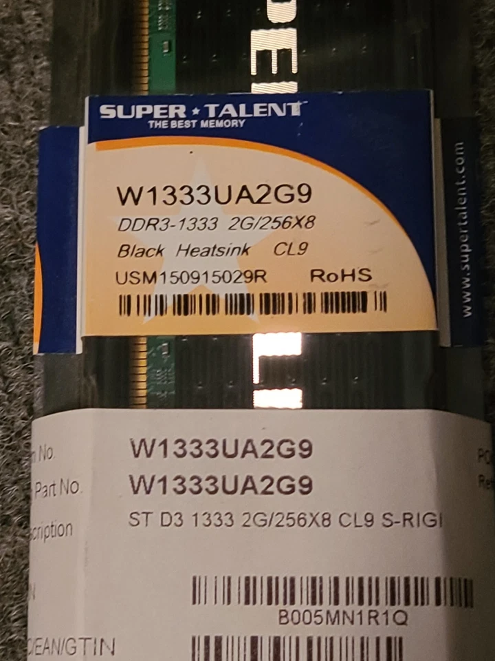 Super Talent DDR3-1333 2G/256X8 Black Heatsink CL9 NIB (W1333UA2G9) - Image 2 of 4