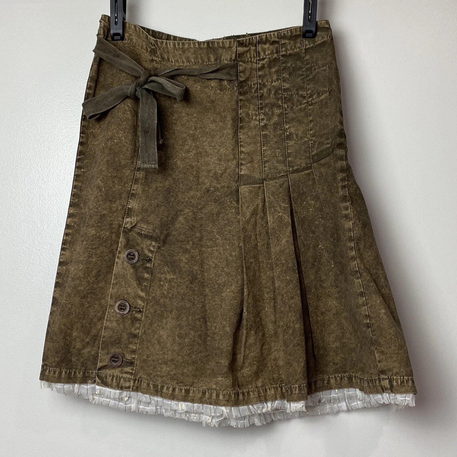 Covet Skirt Handcrafted Olive Brown Acid Wash Pleated Buttons Ruffles New Sz 26