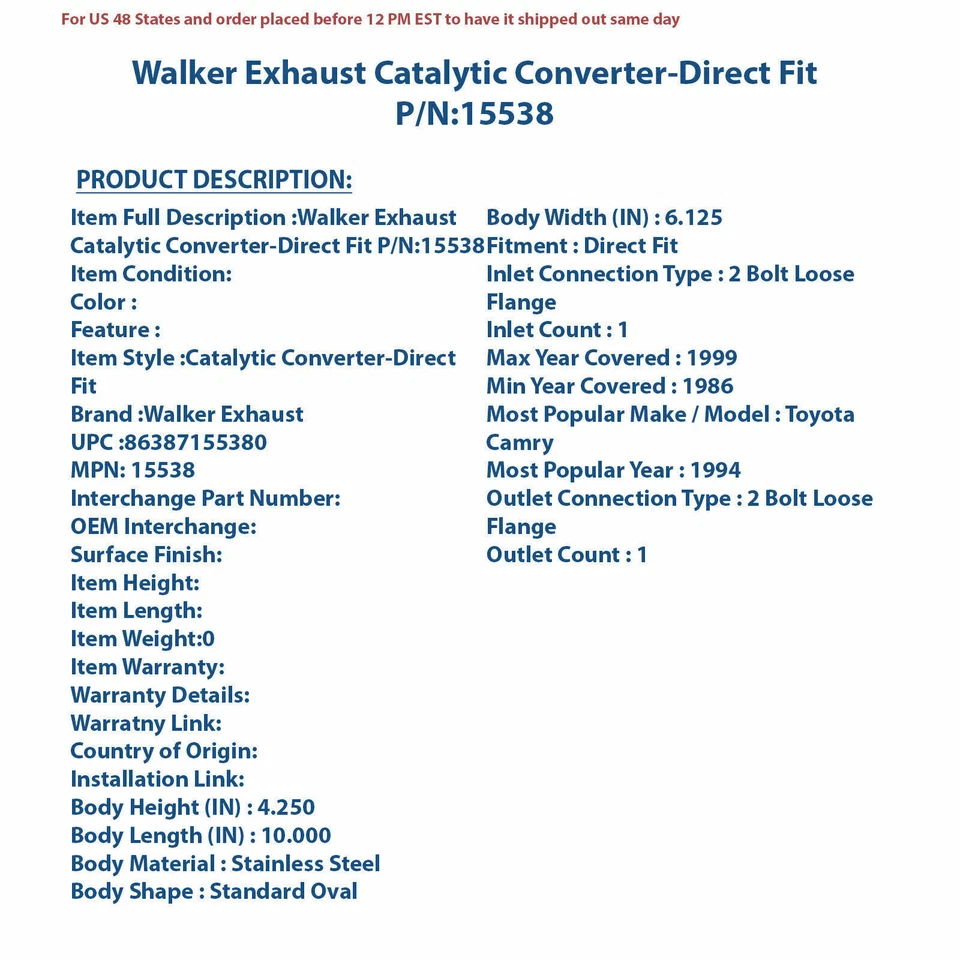 Convertidor catalítico de escape Walker - ajuste directo 15538 Foto 4 de 4