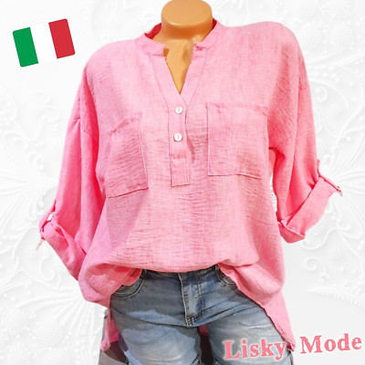 Italy Bluse Oversized Damen Bluse Tunika Fischerhemd  hell Rosa 36 38 40