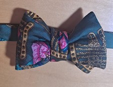 Vtg Green Silk Print Butterfly Bow Tie Adjustable/ Pre-tied Hand Made in France