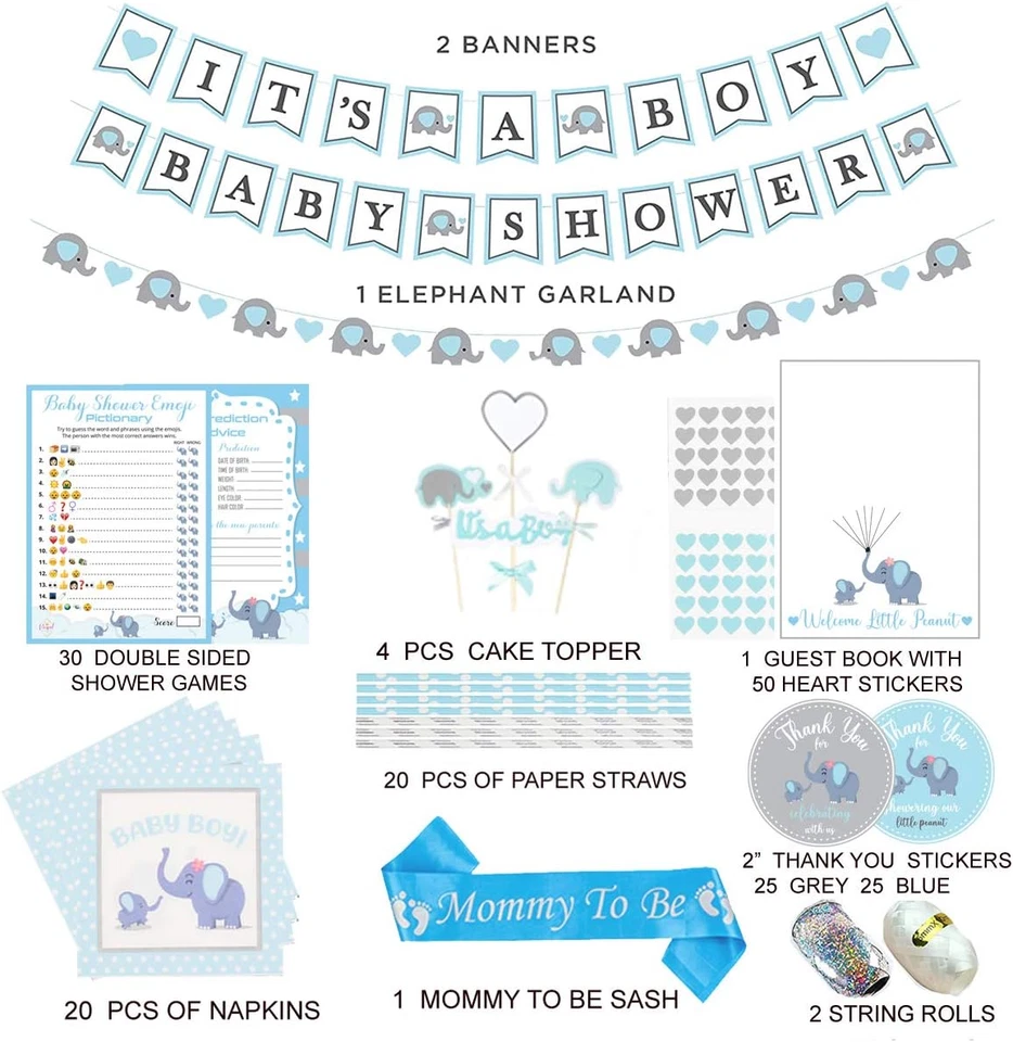 Kit de 697 piezas decoraciones de baby shower elefante azul para niño - It'S a BOY Pre-Str Foto 2 de 4