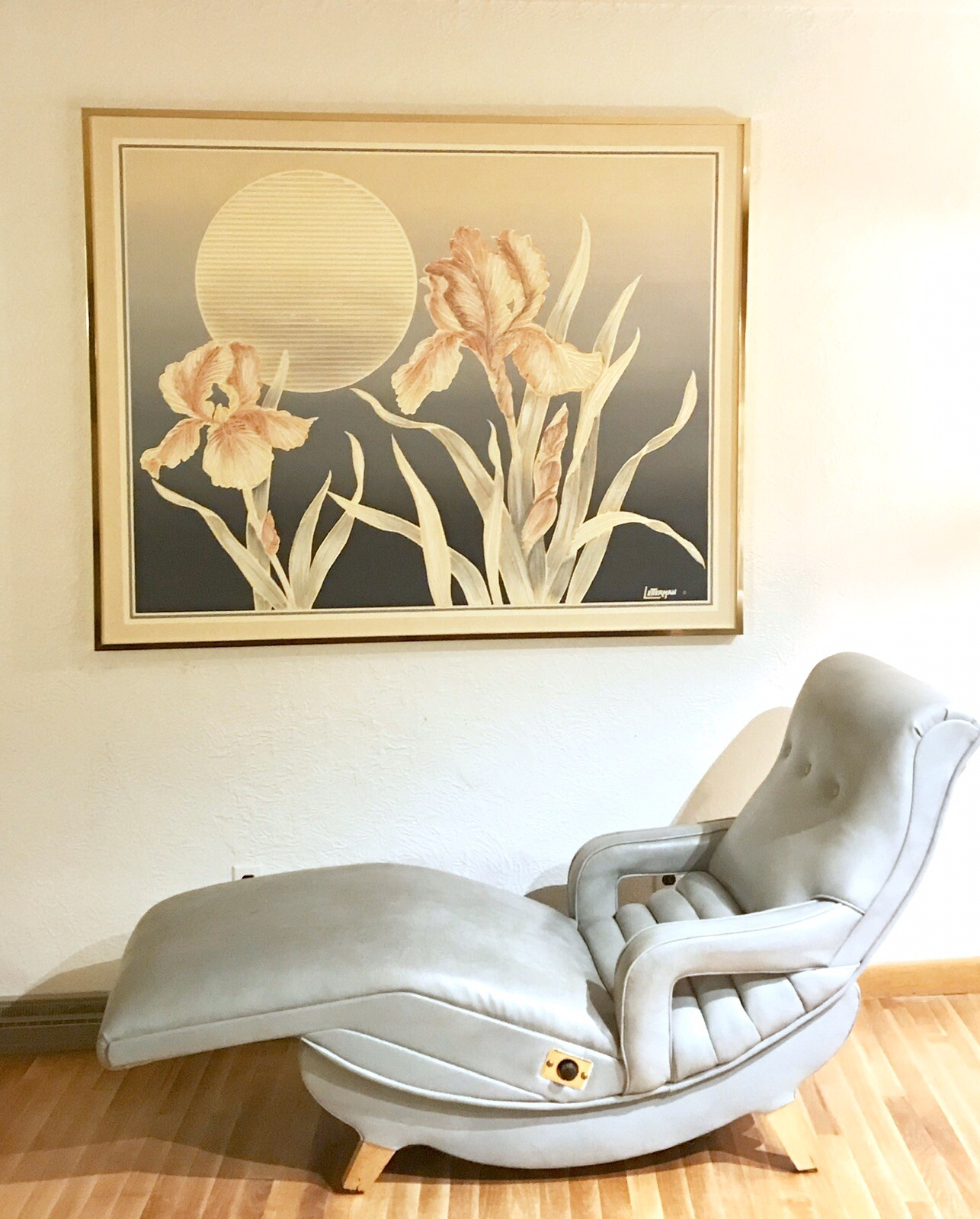 Vintage Letterman Large Canvas Oil Painting Flowers Moon 1970s Decor