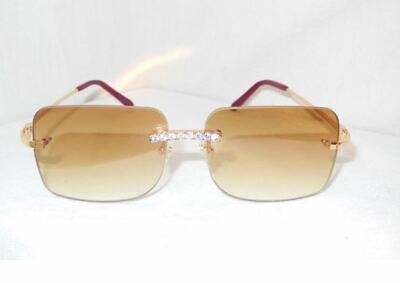 Silver and Cognac Brown Iced Out Classic Rimless Wire Frame Sunglasses 56-20-135 