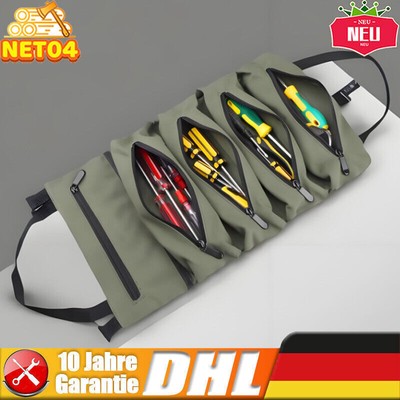 Tool Roll Organizer Wrench Up Pouch Bag 5 Zipper Pockets Multi Purpose Canvas