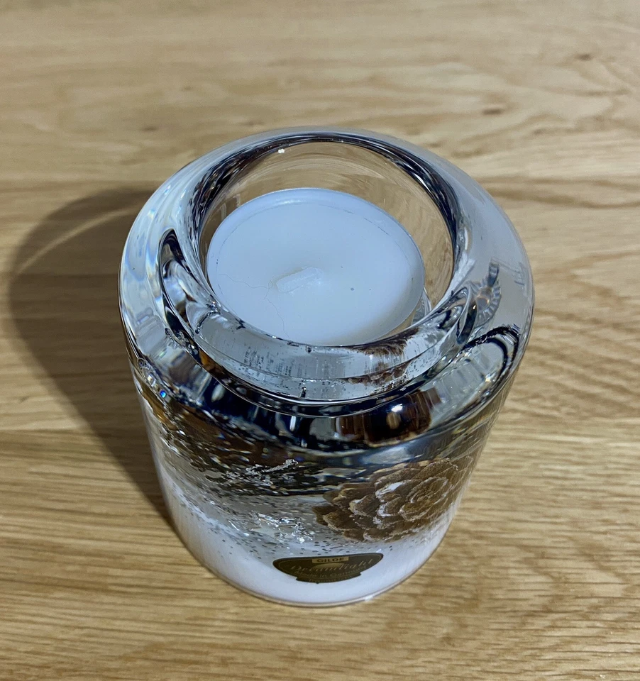 Gilde Dreamlight Glas Teelichthalter „Winter Story“NEU Silber Braun Weiß  8 cm - Bild 3 von 3