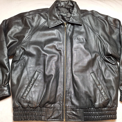 Vintage BURK'S BAY Leather Zip Bomber Jacket Sz 2XL Black Piston