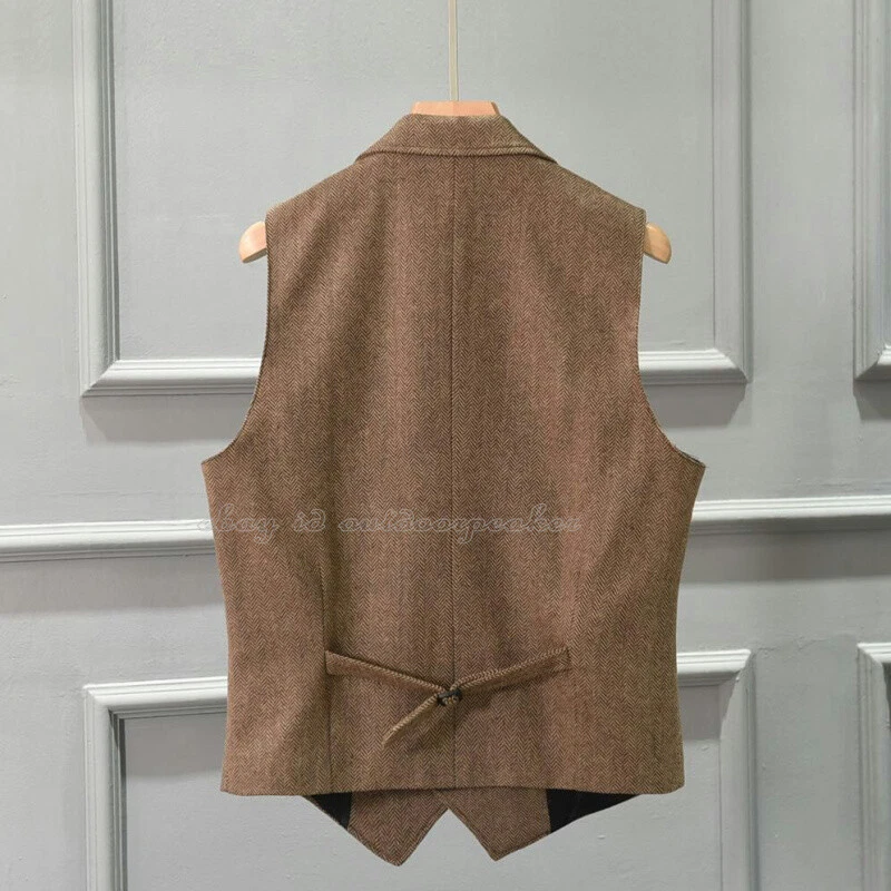 Retro Men's Tweed Vest Business Formal Dress Vest Casual Short Waistcoat Herring - Image 4 of 4
