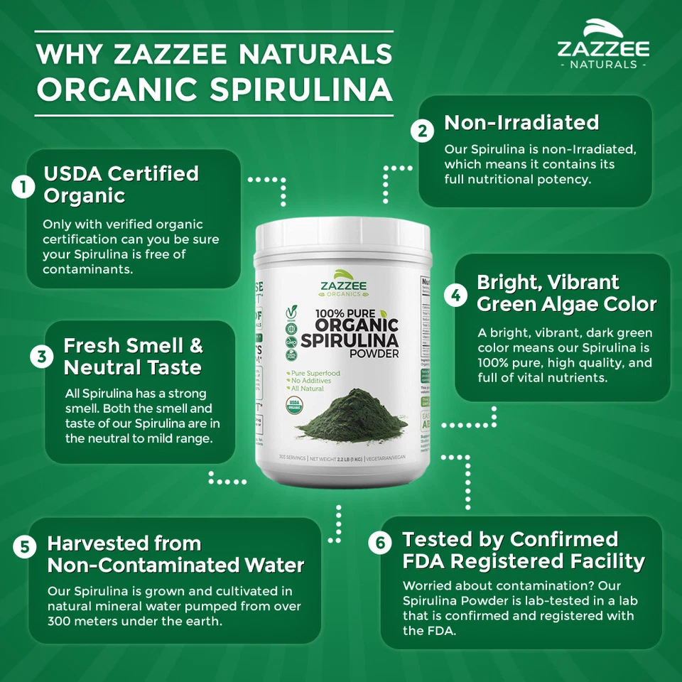 Espirulina orgánica en polvo 2,2 libras (1 kg) 100 % pura no transgénica USDA no irradiada Foto 2 de 4