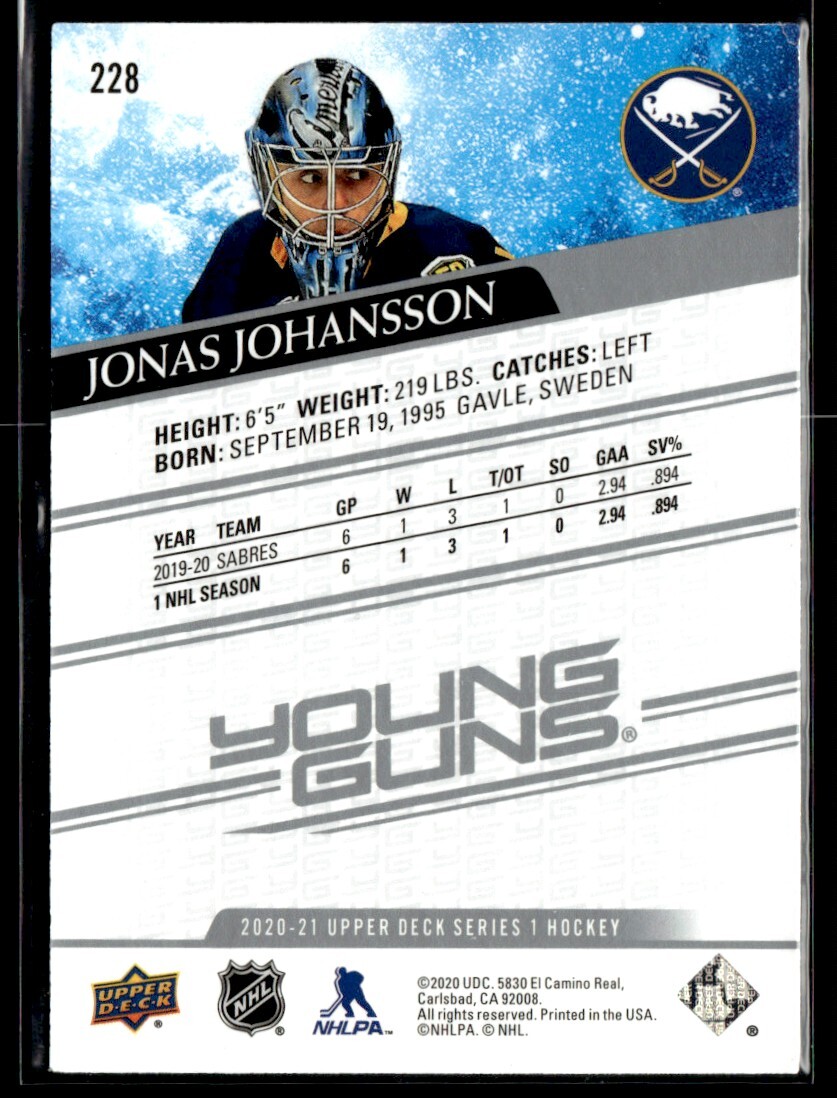 202021 Upper Deck Young Guns Jonas Johansson Rookie Buffalo Sabres