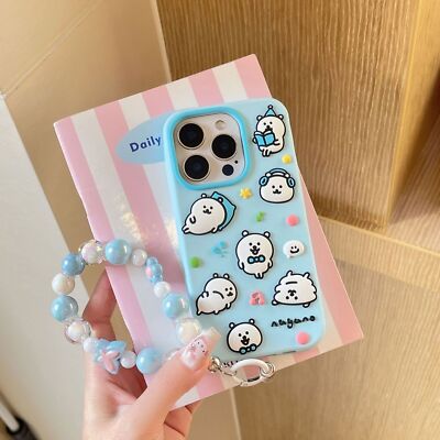 Cute Bear 3D Cartoon Silicone Blue Case + Chain For iPhone 13 14 15 16 Pro Max