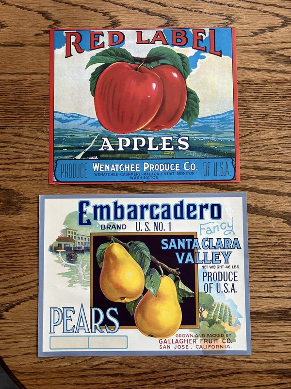VINTAGE FRUIT CRATE LABELS APPLES PEARS ORIGINAL PRINTS ADVERTISING DECOR