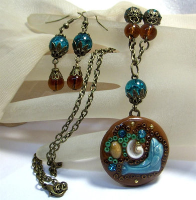 Handcrafted Artisan Mini Bead Mosaic Necklace Set-Dolphin-Clay