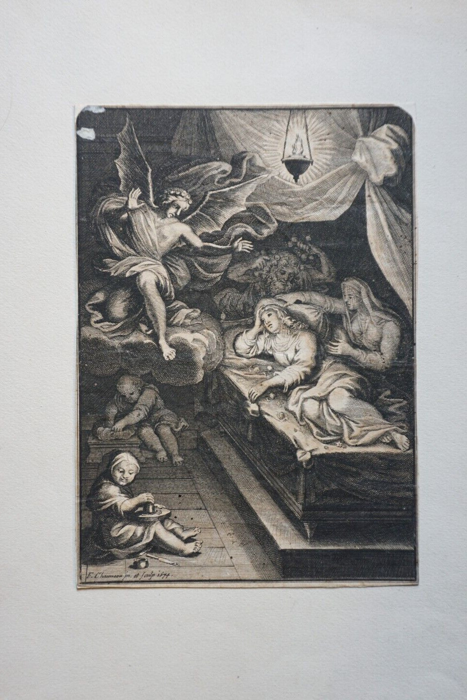 François CHAUVEAU (1613-1676) GRABADO XVIII° ALEGORÍA SABER MUJER BARROCA 1674