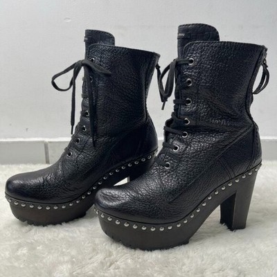Miu Miu Women's Black Leather Heeled Lace Up Wooden Boots Size 40