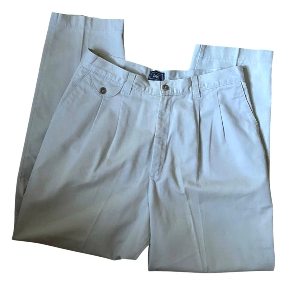 Calça de sarja plissada bege vintage Lee 12P 100% algodão cintura alta anos 90 academia  - Imagem 3 de 4