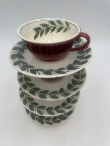 Red Wing Pottery Hand Painted Cups & Saucers Ardennes Set Of 4