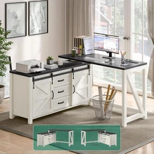 Executive L Shaped Office Desk with Drawers, Farmhouse Corner Desk for Home