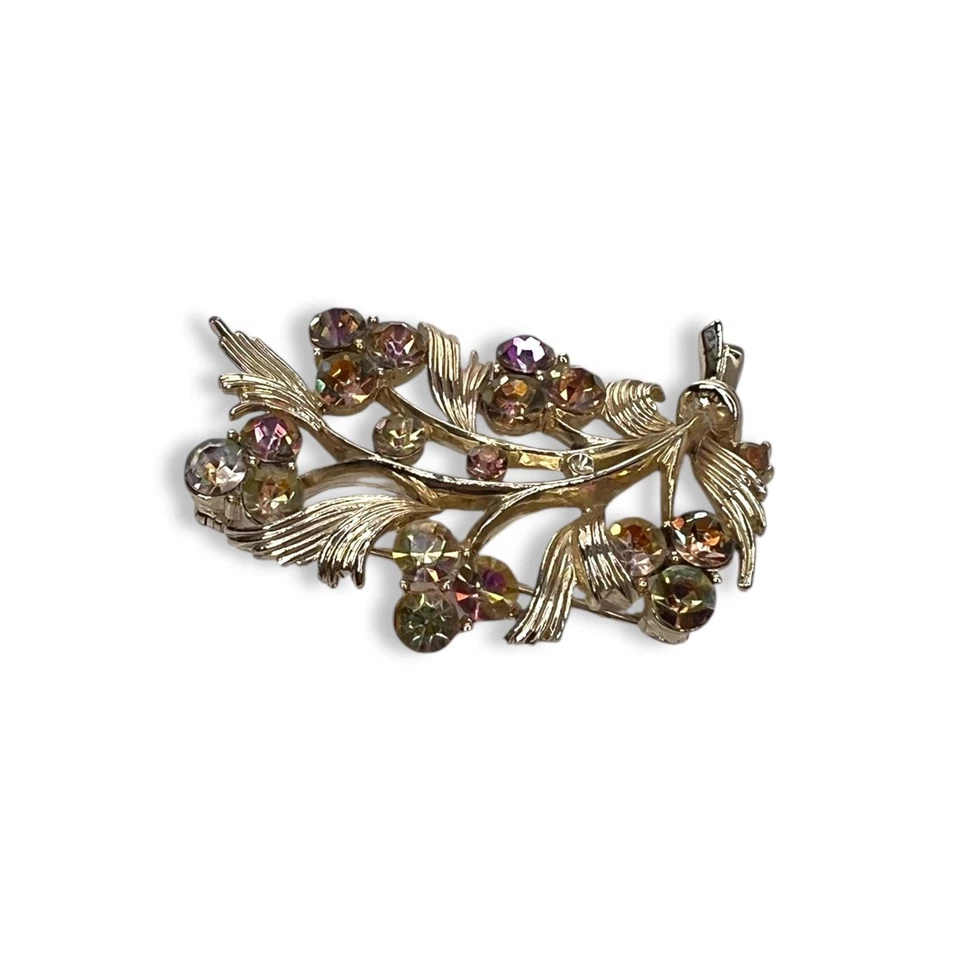 Vintage Lisner Brooch Aurora Borealis Stones Flower Bouquet Gold Tone Signed 50s - Image 3 of 4