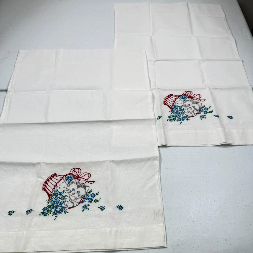 vintage pillowcase pair standard embroidered cats in basket mcm retro - Image 3 of 4