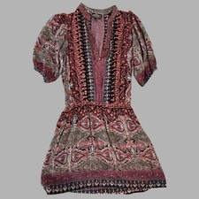 Angie Burgundy Paisley Boho Mini Dress Puff Sleeve V-Neck Rayon Size Small
