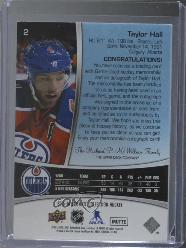 2015 Upper Deck Ultimate Collection Spectrum Gold /15 Taylor Hall #2 Patch Auto - Image 2 of 2