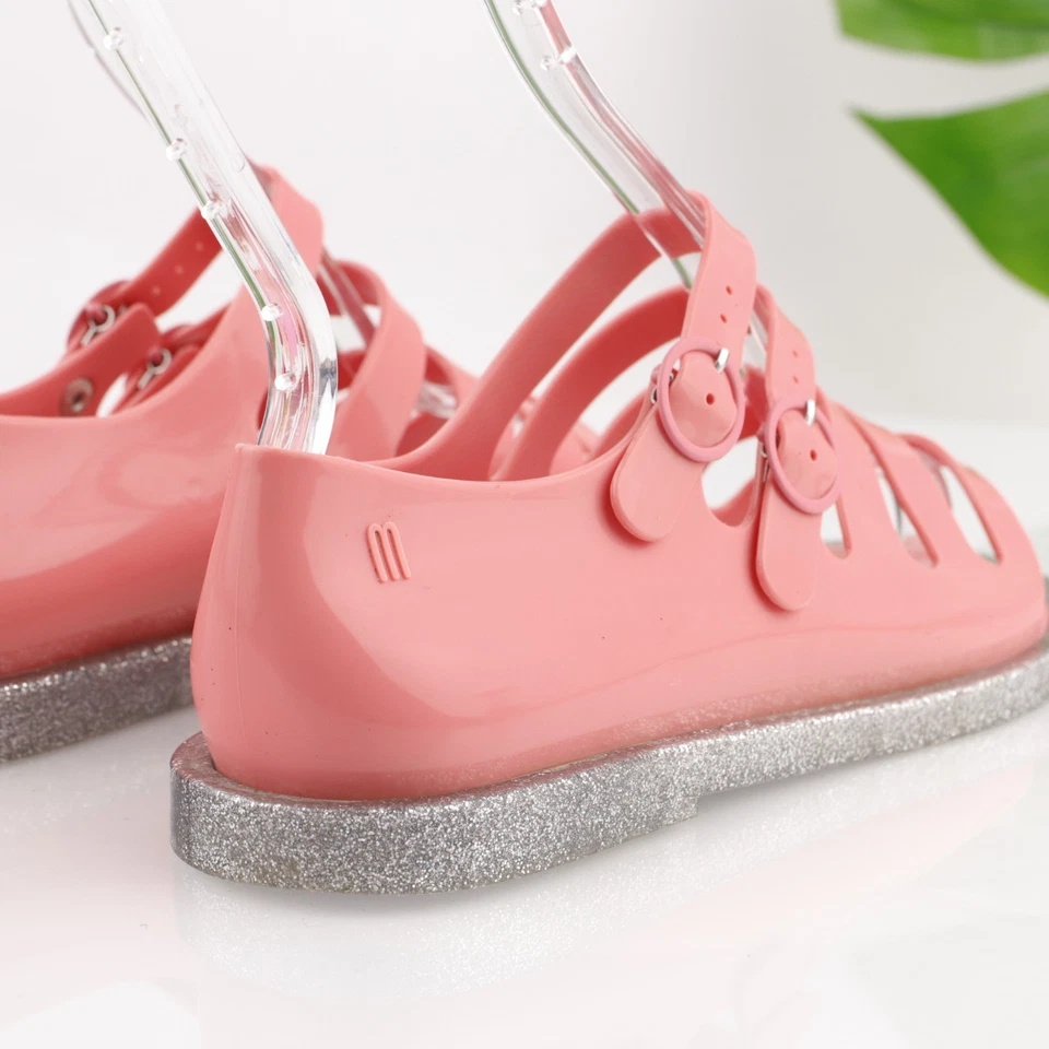 Sandalia Melissa Broadway para mujer talla 9 rosa gelatina pescador plateado brillo zapato Foto 3 de 4