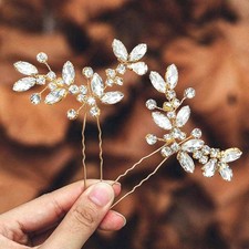 2 Pack Crystal Bride Wedding Hair Pins Rhinestone Bridal Piece Gold Accessory