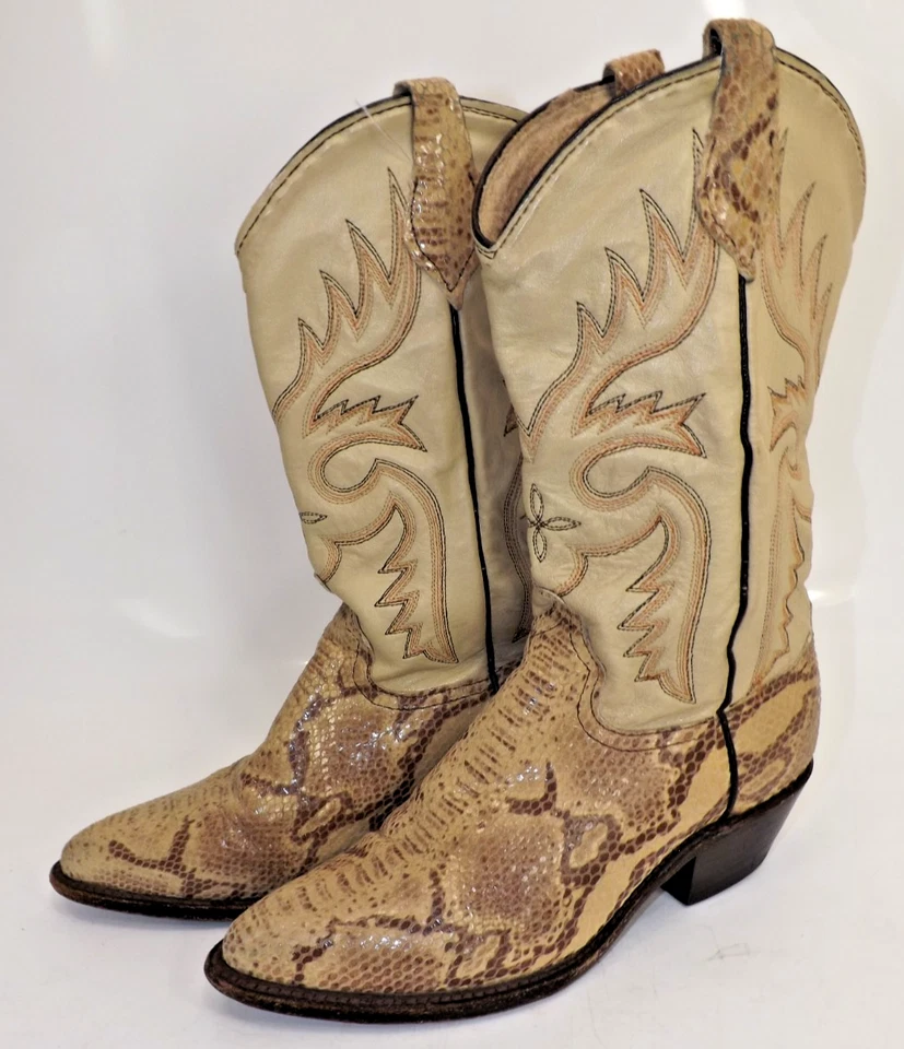 Botas estilo occidental vintage de cuero con estampado de piel de serpiente - para mujer talla 7 beige tostado Foto 2 de 4