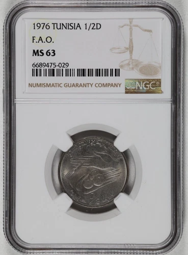 1976 Tunisia 1/2 Dinar FAO Habib Bourguiba Copper-Nickel Coin NGC MS 63