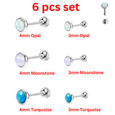 6 PCs SET 18G Opal Moonstone Turquoise Steel Ball Ear Helix Tragus Stud Barbell