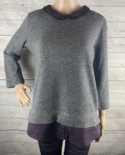 Ann Taylor LOFT Sweater Medium Gray Pink Floral Collar Faux Layer Zip Back Knit