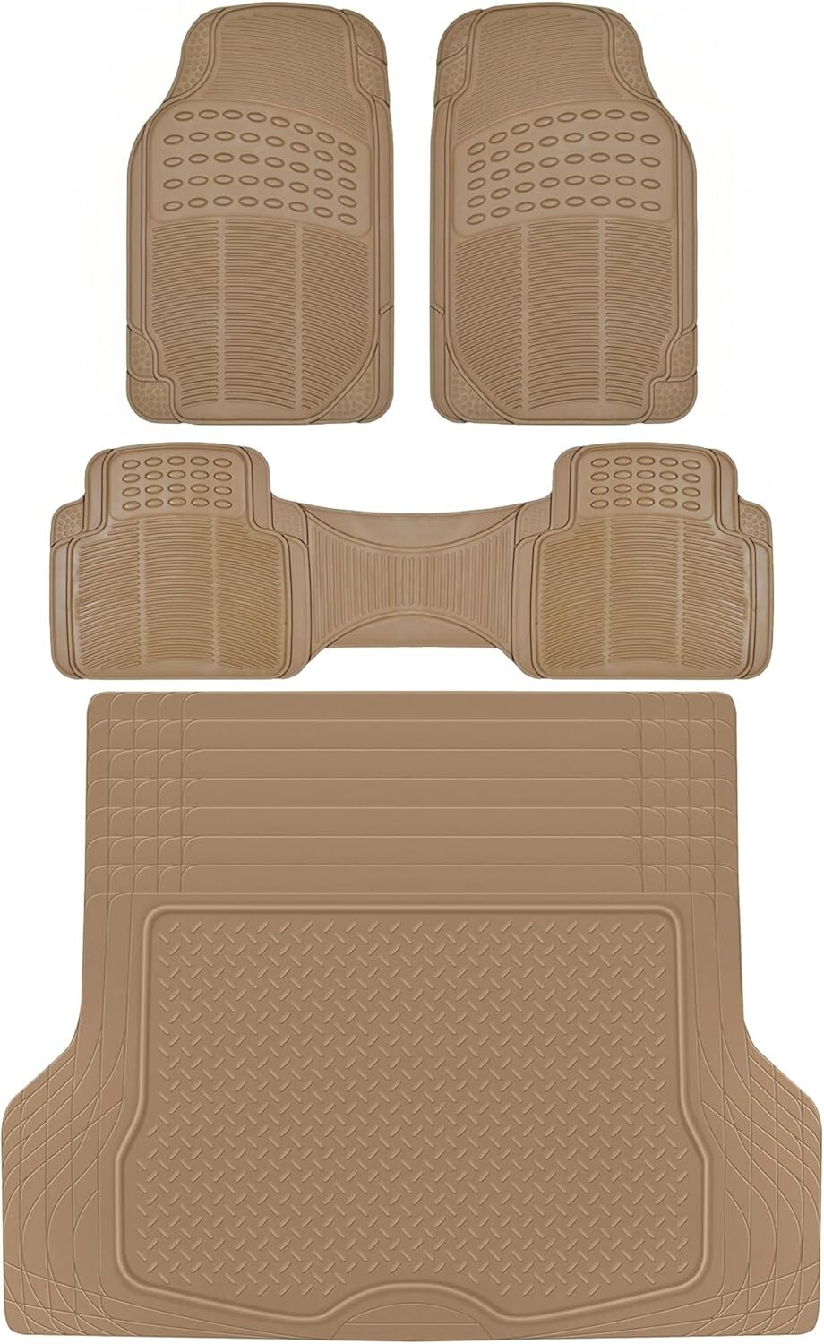 Beige All-Weather Heavy Duty Rubber Floor Mats for Cars, SUVs & Trucks – 4 Piece