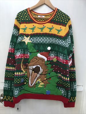 Ugly Christmas Sweater Dinosaur T-Rex Dino Tree Lights Santa Hat