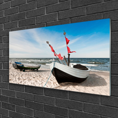 Tableau Déco Sur Verre 70x100cm – Bateau Sur La Plage Au Coucher Du Soleil, Impression Murale Moderne Pour Salon Ou Chambre