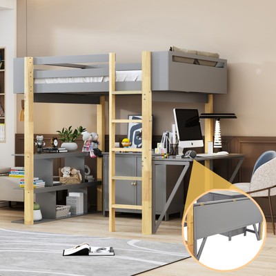 Twin Size Wood Loft Bed With Built-in Storage Cabinet and Cubes, Foldable desk,