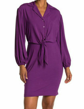 Calvin Klein Long Sleeve Solid Purple Tie Front Dress Button Stretch BinN02