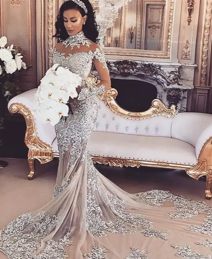 Sparkly Mermaid Wedding Dress: Sheer Bling Lace Applique Long Sleeve  Champagne | eBay