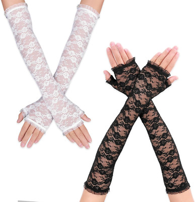 2 Paar Fingerlose Handschuhe Spitze Lange Schwarz Weiß Damen Brauthandschuhe