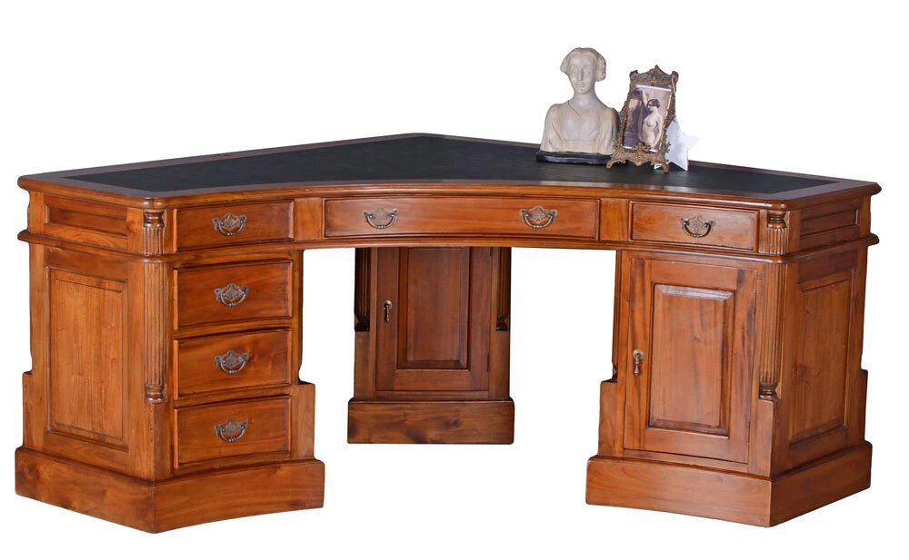Corner writing desk England mahogany wood six drawers two doors