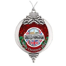 United Kingdom Vacation Trip 2024 Red Silver Metal Bulb Christmas Ornament Gift