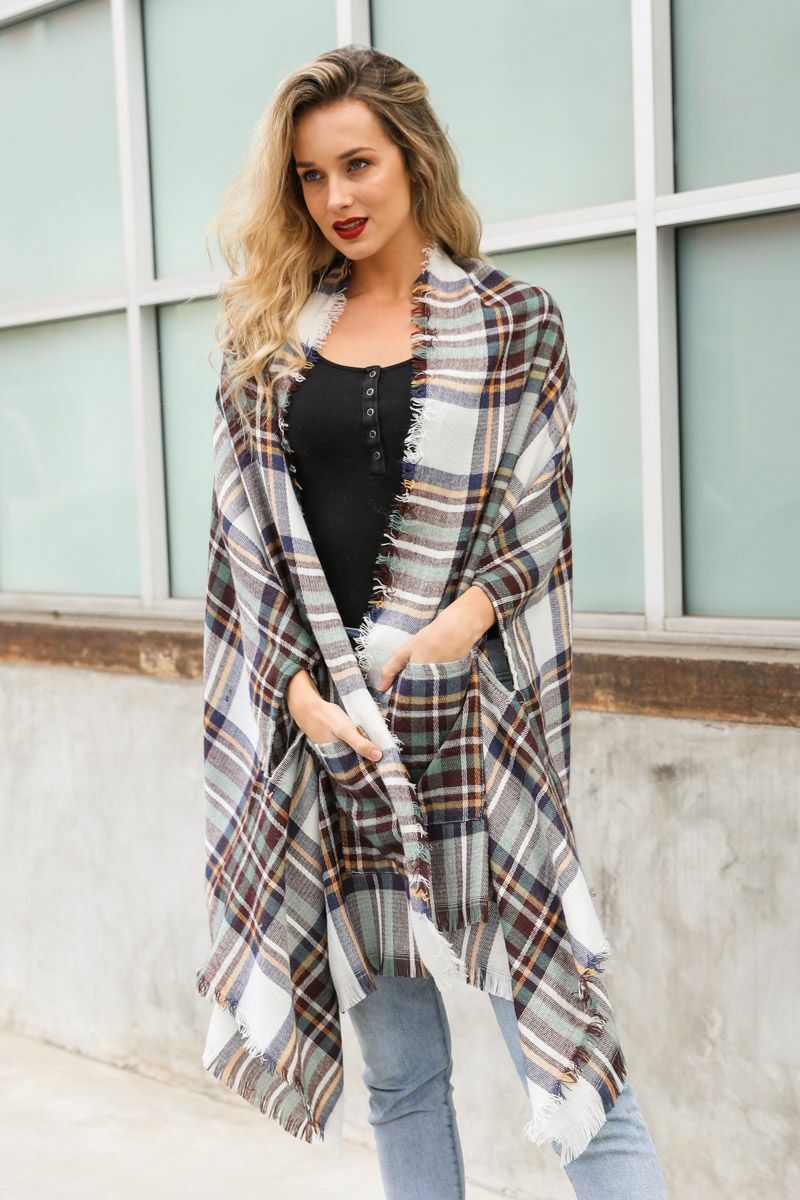 Women Classic Plaid Pocket Ruana Open Front Multicolor Cardigan Poncho ...