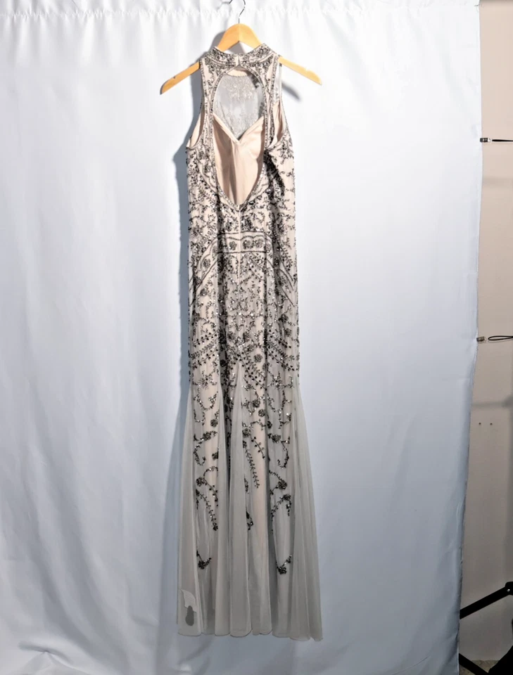 Vestido Godet de malla con cuentas Aidan Mattox 8 NUEVO rubor champán cuello falso espalda abierta Foto 4 de 4