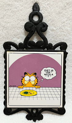 Vintage 1978 Jim Davis Garfield 8'' Cast Iron Hanging Tile Spoon Rest Kitchen Cat