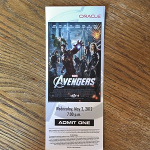Marvel Avengers Movie Ticket Admit One Family Shows May 2, 2012 7:00 PM