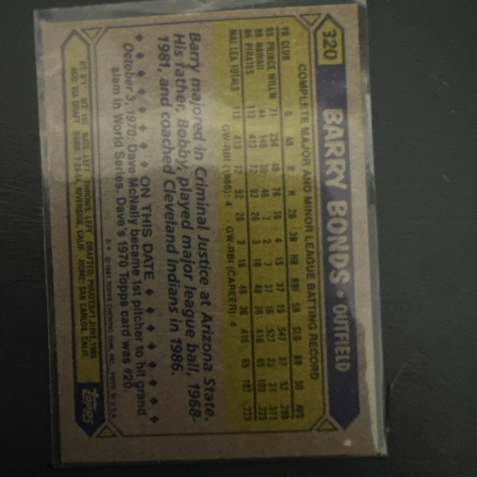 1987 Topps Rookie IP autógrafo #320 Barry Bonds controle remoto - Imagem 2 de 3