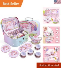Unicorn Tea Party Set for Little Girls, Pretend Pink Tin Teapot Set, Princess...