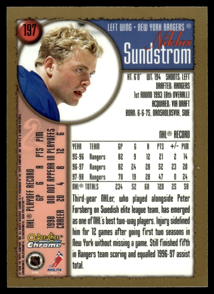 1998-99 O PEE CHEE CHROME Niklas Sundstrom New York Rangers #197 - Image 2 of 2